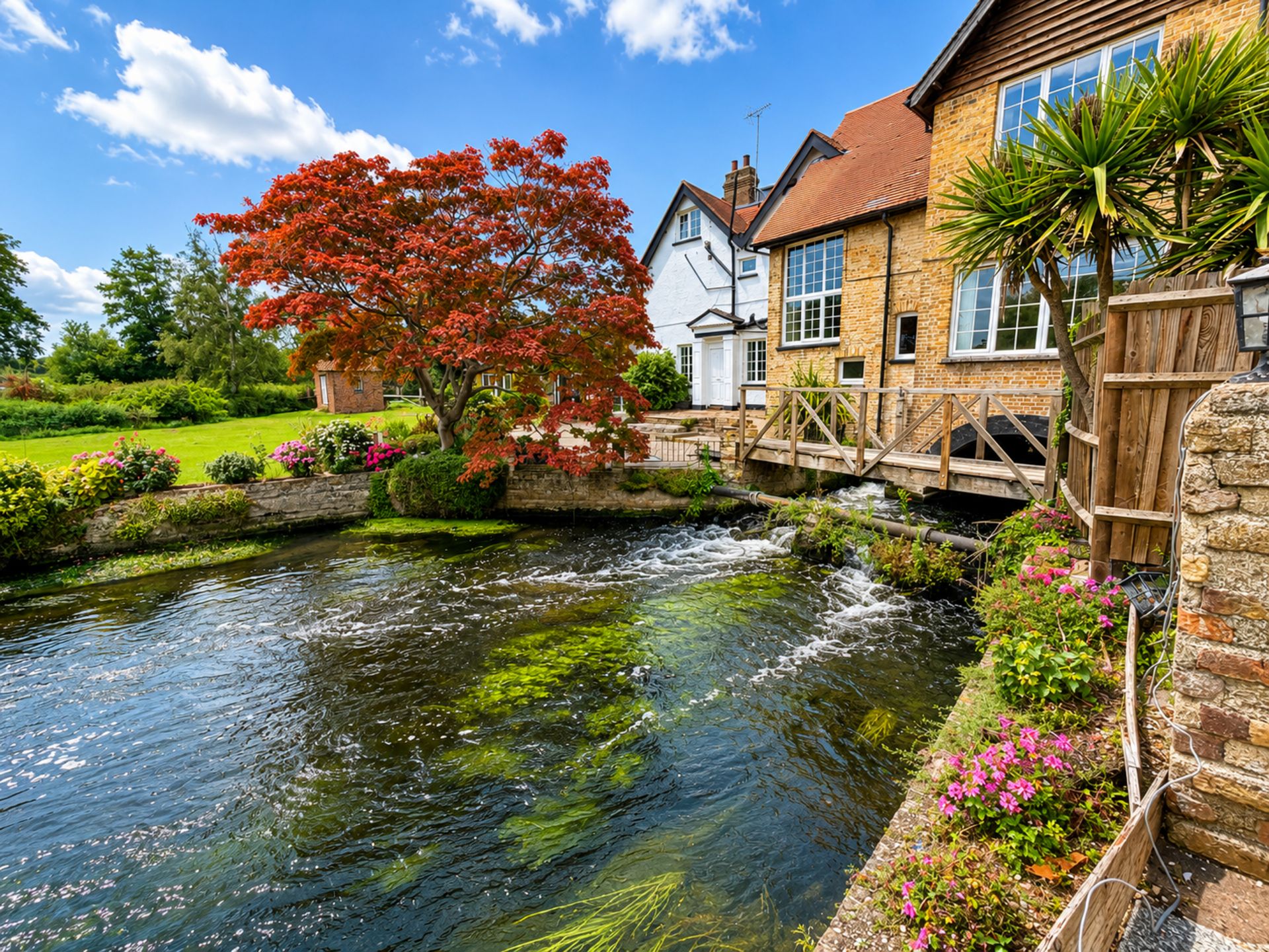 A riverside property with a stone bridge, a garden with flowering plants, and a traditional building with multiple windows.