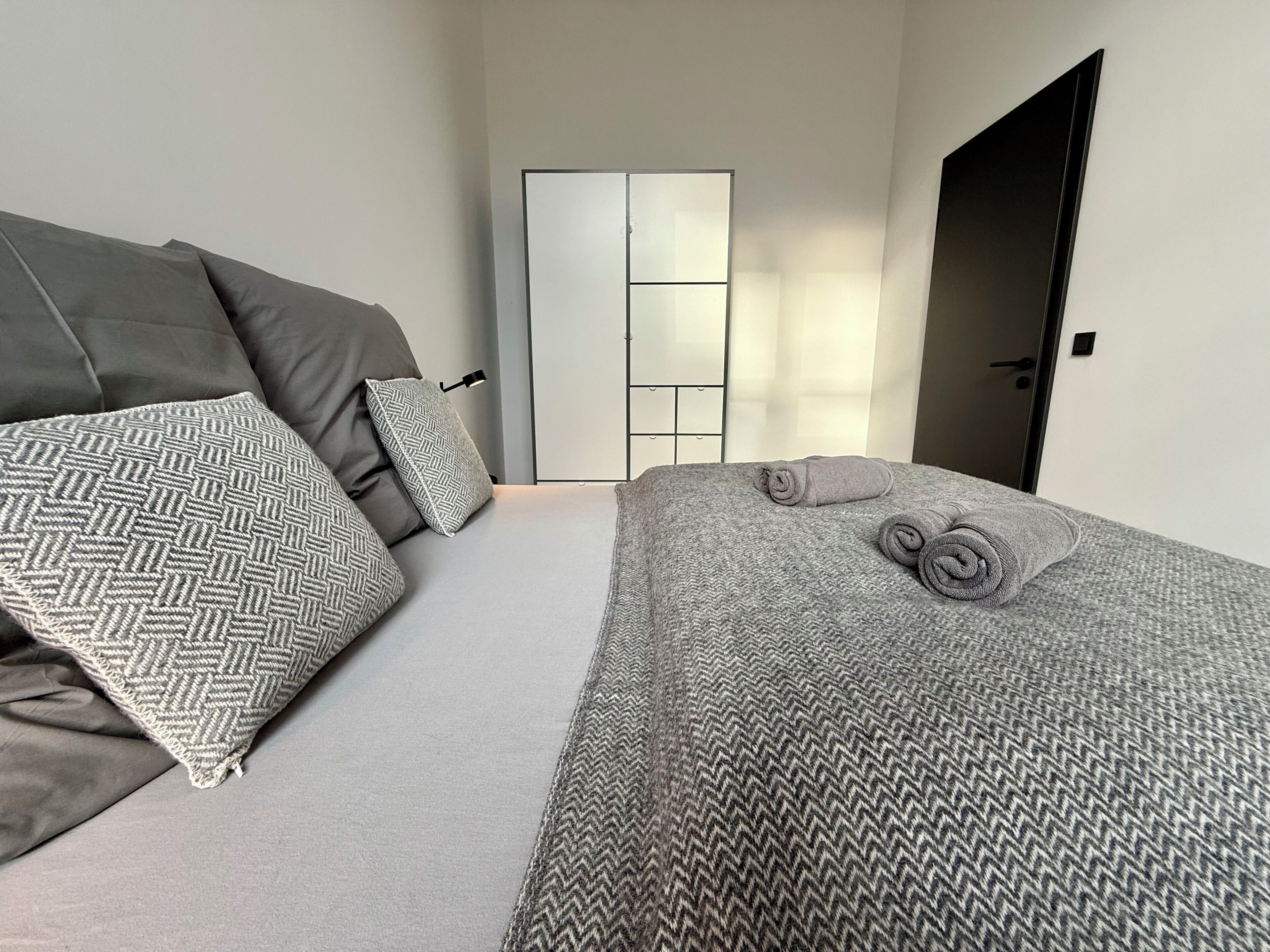 Ein Schlafzimmer mit einem Bett, einem Schlafsofa, einem Kleiderschrank und einer Tür.