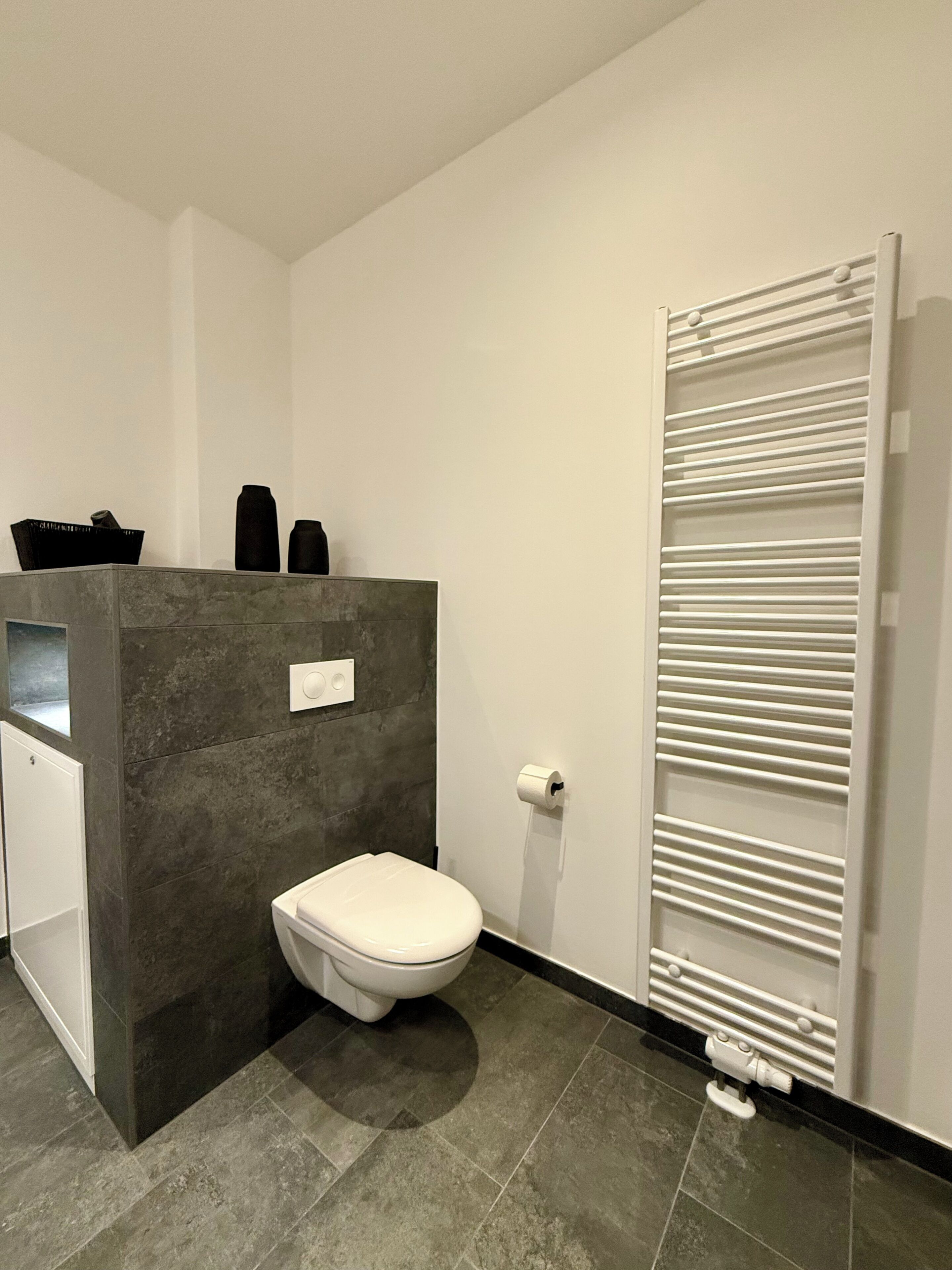 Un baño moderno con inodoro, toallero y calentador de toallas.