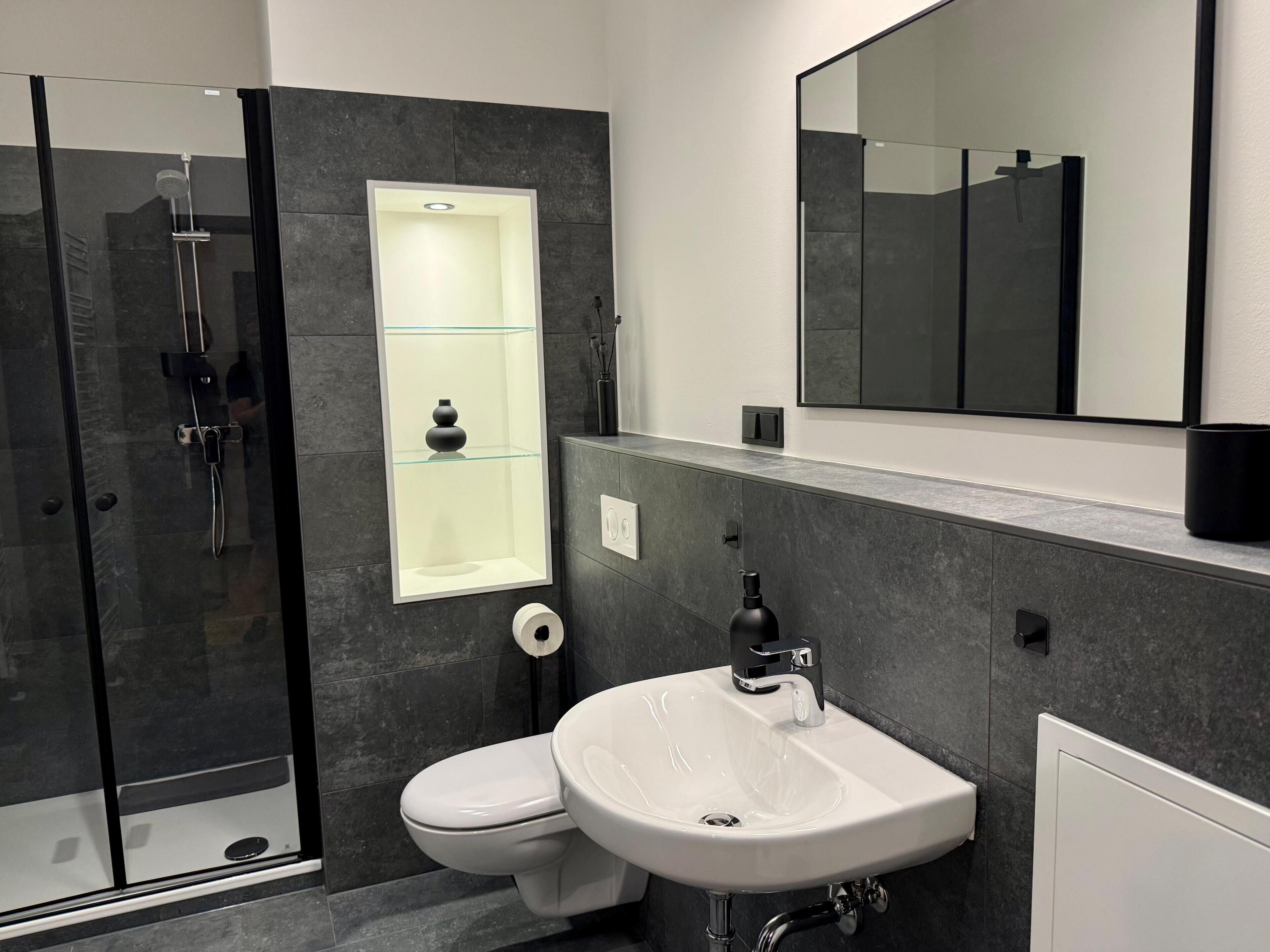 Une salle de bain moderne avec une douche à parois de verre, un lavabo blanc et un miroir au-dessus du lavabo.