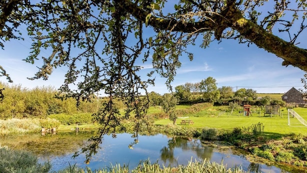 Un estanque tranquilo rodeado de abundante vegetación, una mesa de picnic y un edificio de piedra al fondo.