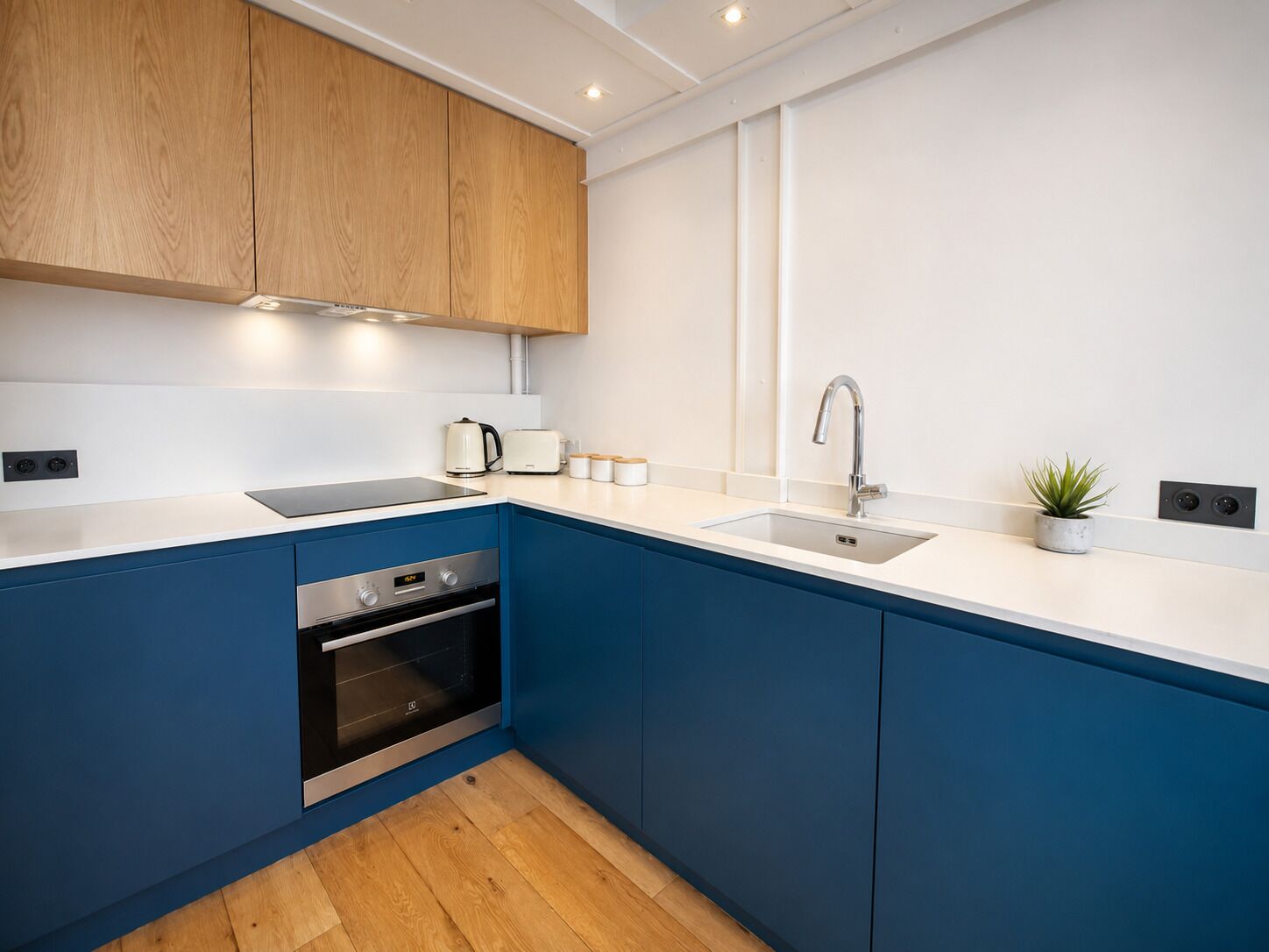 A modern kitchen with blue cabinetry, a built-in oven, a sink, and a small potted plant.