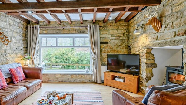 Ein gemütliches Wohnzimmer mit Steinwänden, einer Holzbalkendecke, einem Fernseher und einem Kamin.