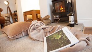 Ein gemütliches Wohnzimmer mit Kamin, einer Weinflasche und einem Buch mit dem Titel 'STORIES'.