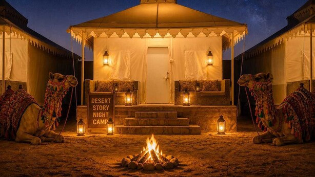 A desert-themed camp with a tented entrance, two camels, a fire pit, and a sign reading 'Desert Story Night Camp.' - Desert Dhora Luxury Resort Jaisalmer (Jaisalmer)