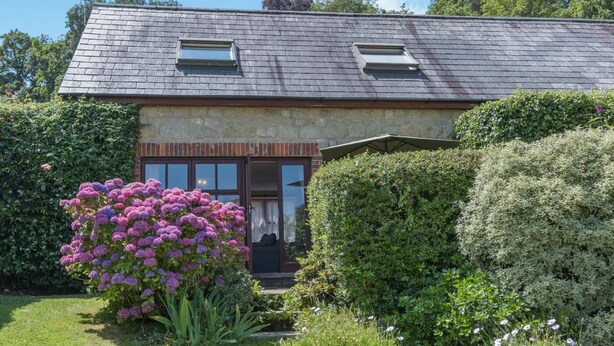 Et hus med skråt tag, to vinduer, en dør og en velplejet have med forskellige planter og blomster.