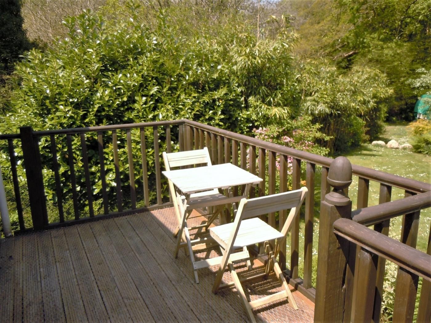 A wooden deck with a table and chairs, surrounded by dense greenery.