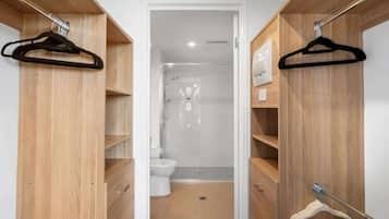 Shower, hair dryer, towels, shampoo