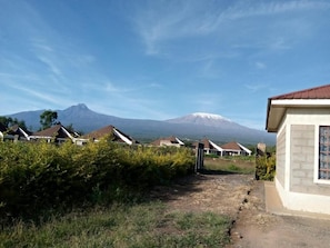 A residential area with houses, a mountain, and a clear sky.