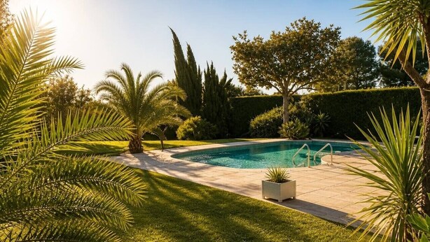 Una piscina rodeada de vegetación exuberante y un cielo despejado.