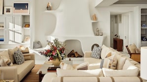 A modern living room with a fireplace, sofas, and a bookshelf.