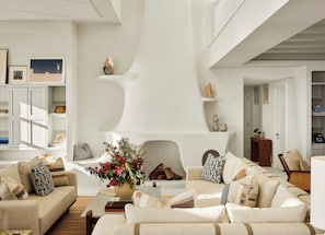 A modern living room with a fireplace, sofas, and a bookshelf.