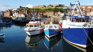A harbor with boats docked, a prominent blue ship named 'MARY ANN,' and a backdrop of buildings and greenery. - 4 Bed in Whitby (oc-g0042) (Goathland)