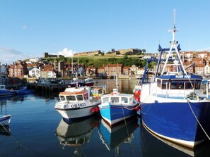 A harbor with boats docked, a prominent blue ship named 'MARY ANN,' and a backdrop of buildings and greenery. - 4 Bed in Whitby (oc-g0042) (Goathland)