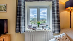 Een kamer met raam, radiator, televisie en lamp.