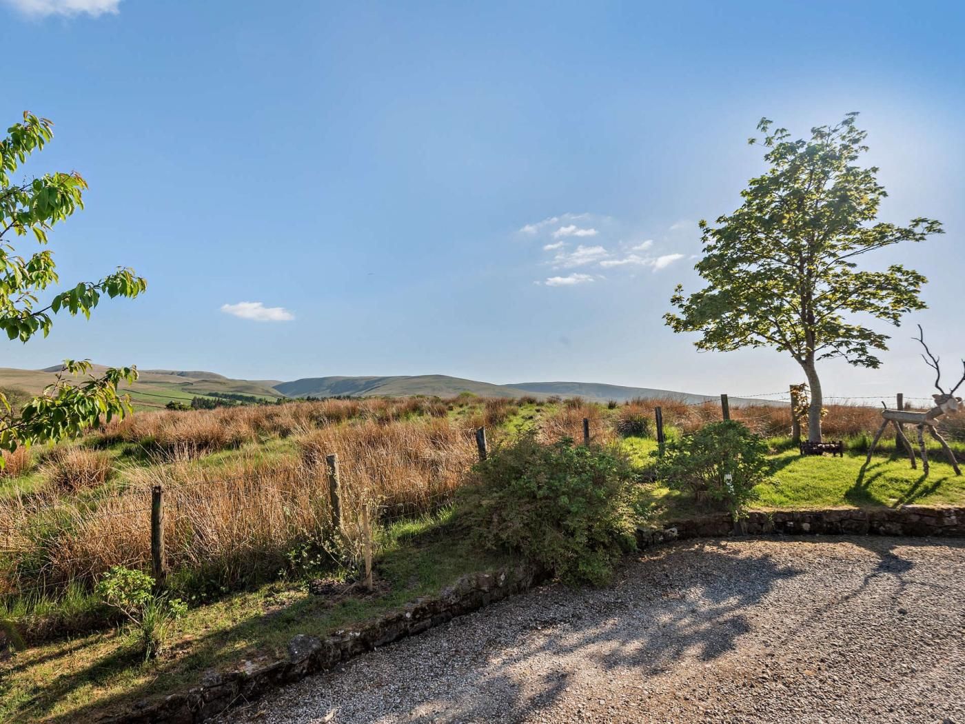 A rural landscape with a gravel path, a fence, and a tree.