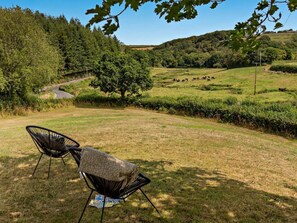 A grassy outdoor area with a chair and a blanket, a tree, and a distant view of a road and hills. - 1 Bed in Torrington (oc-annas) (Langtree)