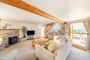 A cozy living room with a stone fireplace, a television, a sofa, and a bookshelf. - 2 Bed in Wellington (oc-cider) (Blackmoor)