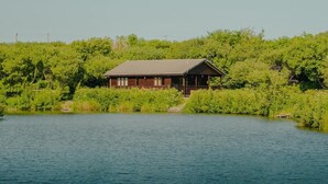 Een vakantiehuisje aan een meer, omringd door weelderige begroeiing.