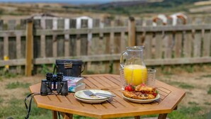 A picnic setup with a camera, binoculars, a lunchbox, a pitcher of juice, and a plate of food on a wooden table. - 1 Bed in Penzance (oc-henst) (Saint Buryan)