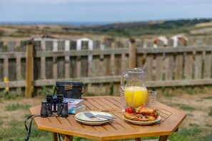 Ein Picknick mit Kamera, Fernglas, Lunchbox, Saftkrug und einem Teller Essen auf einem Holztisch.