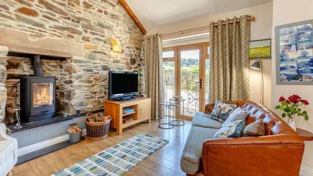 Un salon chaleureux avec une cheminée en pierre, un téléviseur posé sur un meuble en bois, un canapé en cuir et une vue à travers une porte vitrée.