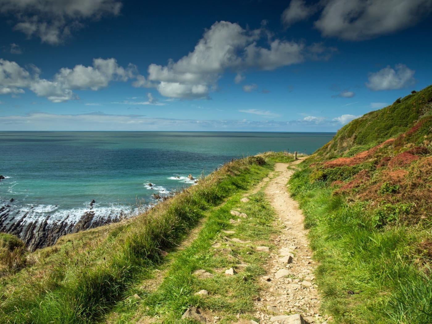 A coastal path with a view of the ocean and a clear sky.