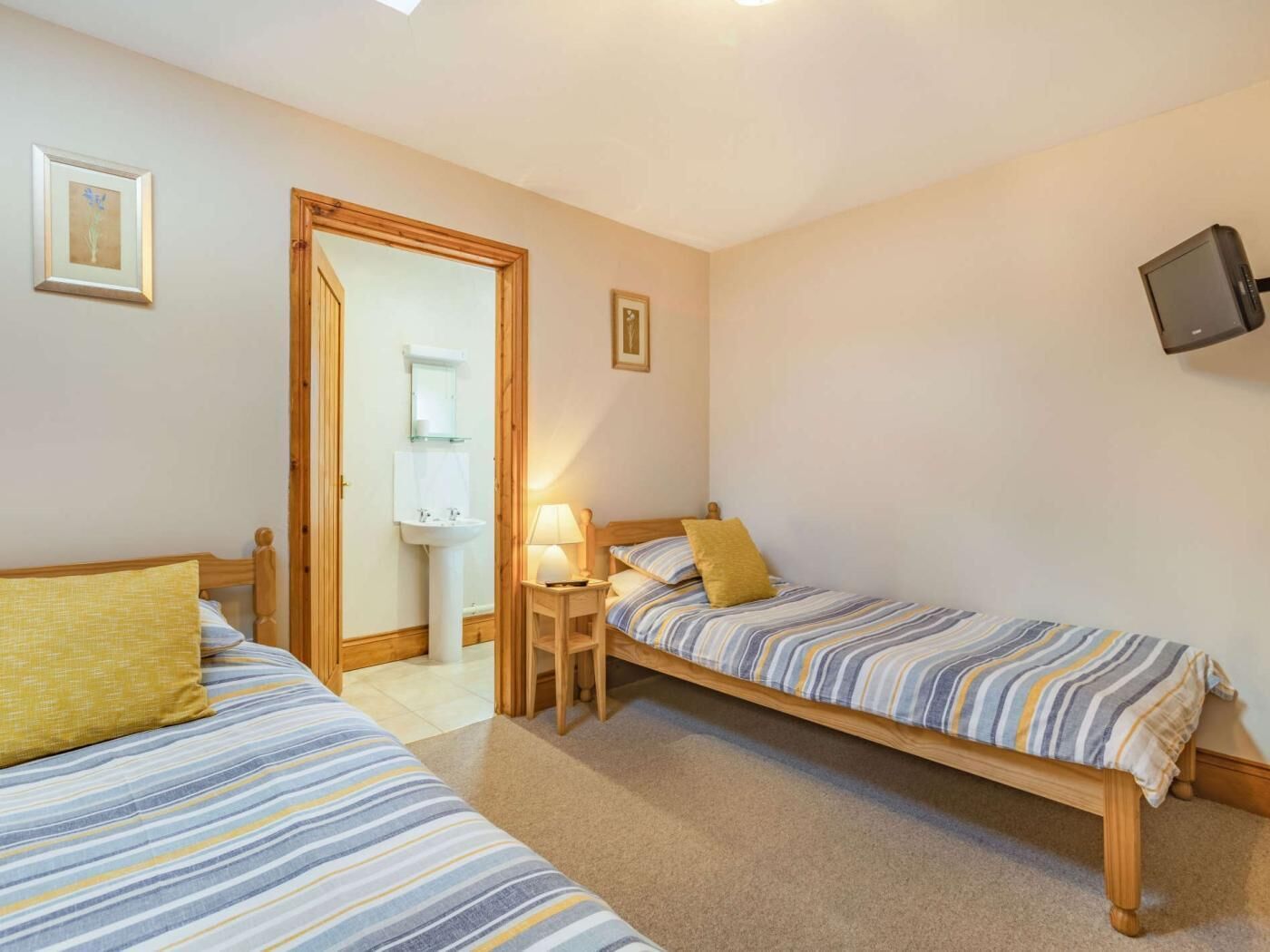 Une chambre avec deux lits simples, une porte en bois, une petite table avec une lampe, un téléviseur fixé au mur et un tableau encadré accroché au mur.