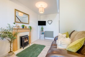 A living room with a fireplace, a sofa, a television, and a green rug. - 1 Bed in Nr Bude (oc-penke) (Crackington)