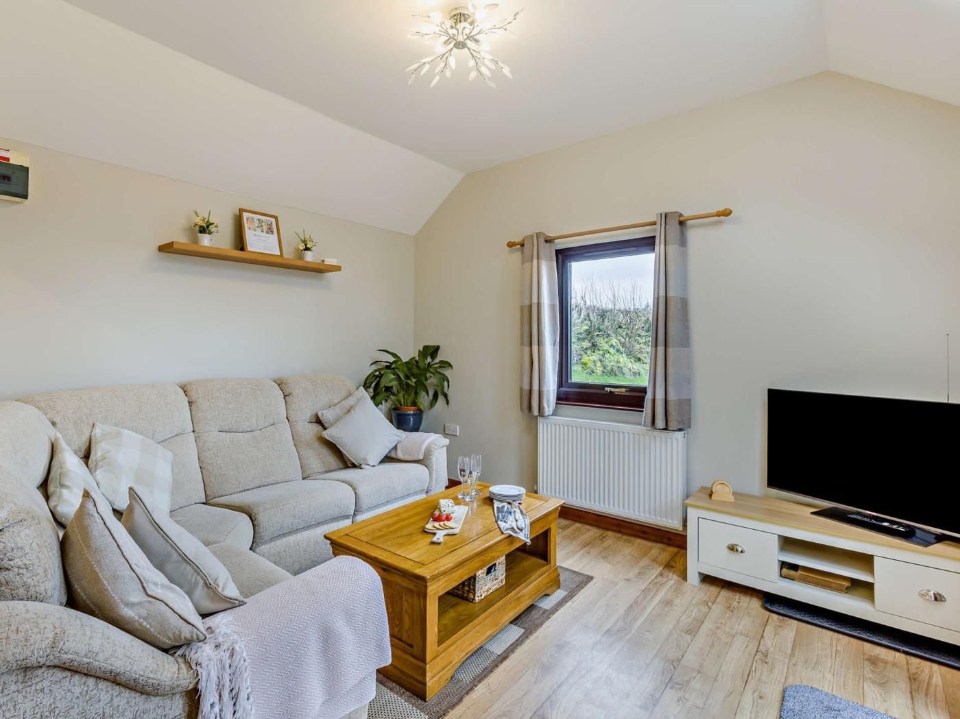 A living room with a sofa, a coffee table, a TV stand, a window with curtains, and a plant.
