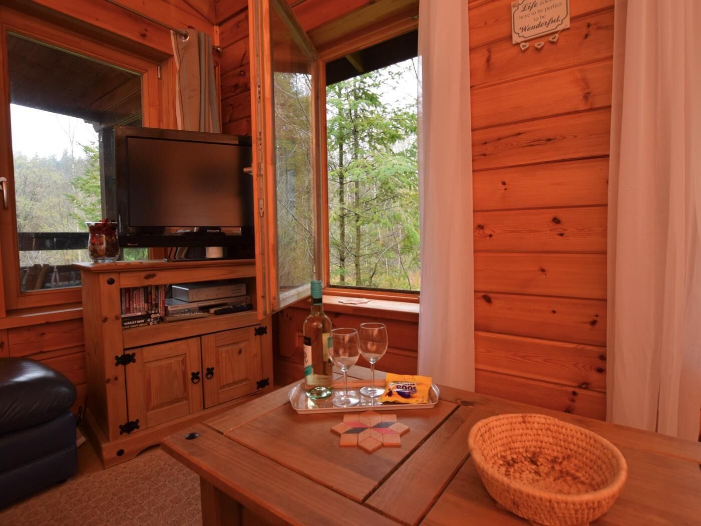 L’intérieur d’un chalet en bois, avec un téléviseur, une table avec des verres et des collations, et une fenêtre donnant sur la forêt.