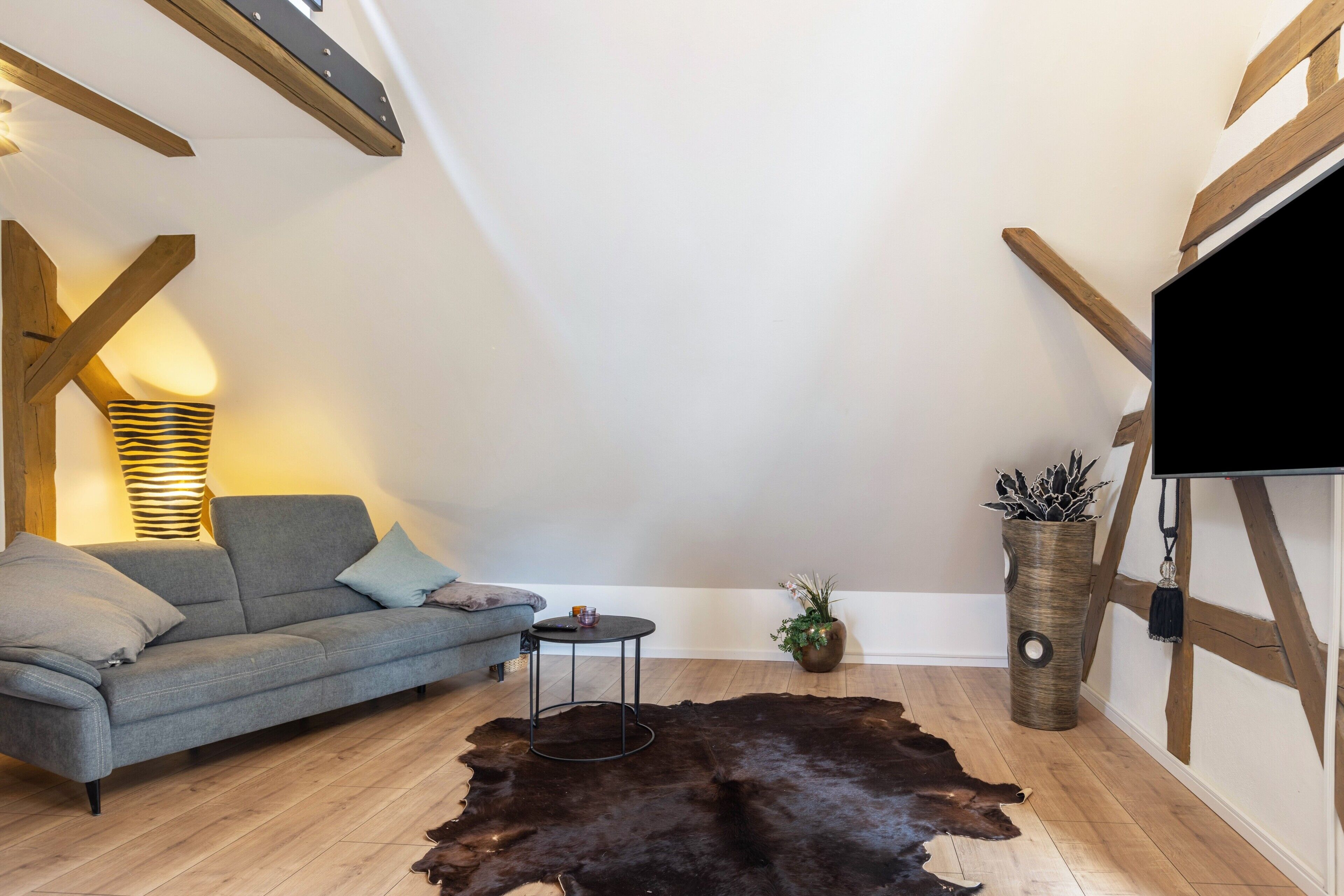 A modern living room with a sloped ceiling, a grey sofa, a round coffee table, a leather rug, and a potted plant.