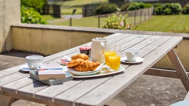 Una mesa de picnic con comida, una jarra de jugo de naranja y una taza, frente a un paisaje pintoresco.