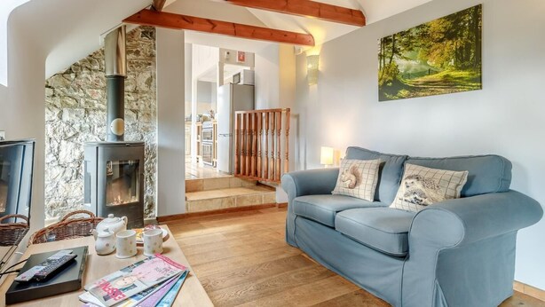 Un salon chaleureux avec un mur en pierre, une chemin ée, un canapé bleu et un tableau représentant une forêt.