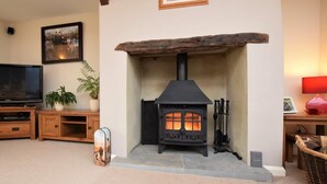 A cozy living room with a fireplace, a television, wooden furniture, and a framed picture on the wall. - 3 Bed in Chard (oc-barra) (Winsham)