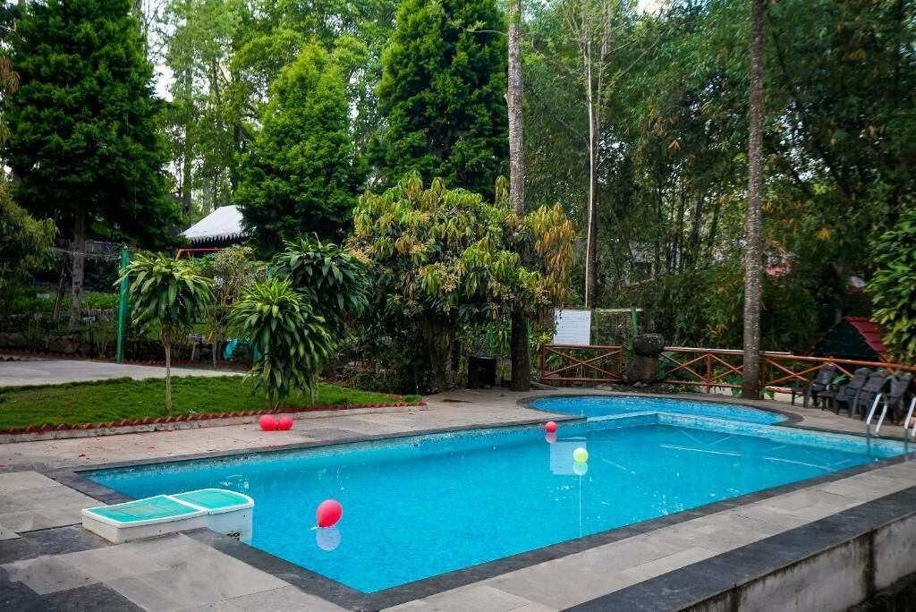 Piscina rectangular con solárium empedrado, rodeada de exuberante vegetación y árboles.
