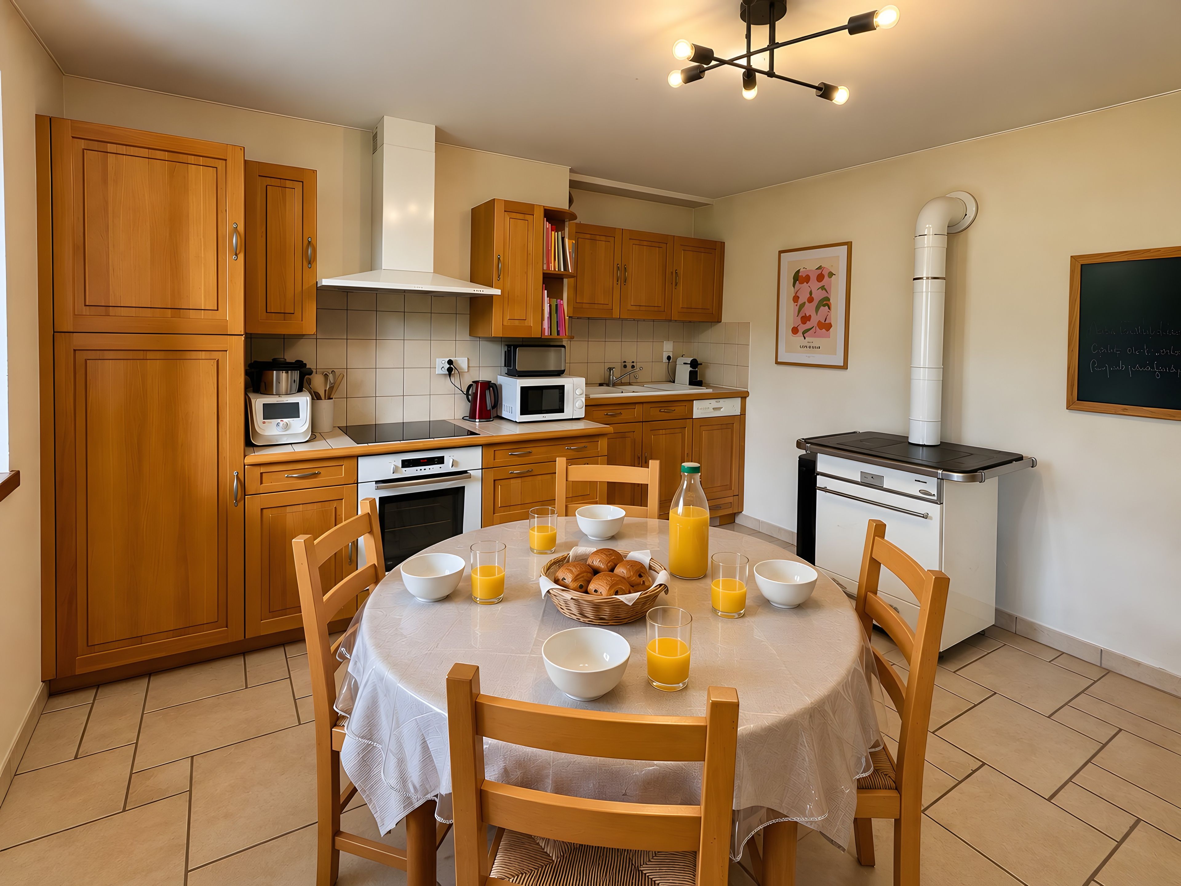 Une cuisine avec des meubles en bois, une table à manger dressée pour le petit-déjeuner et un four à micro-ondes.