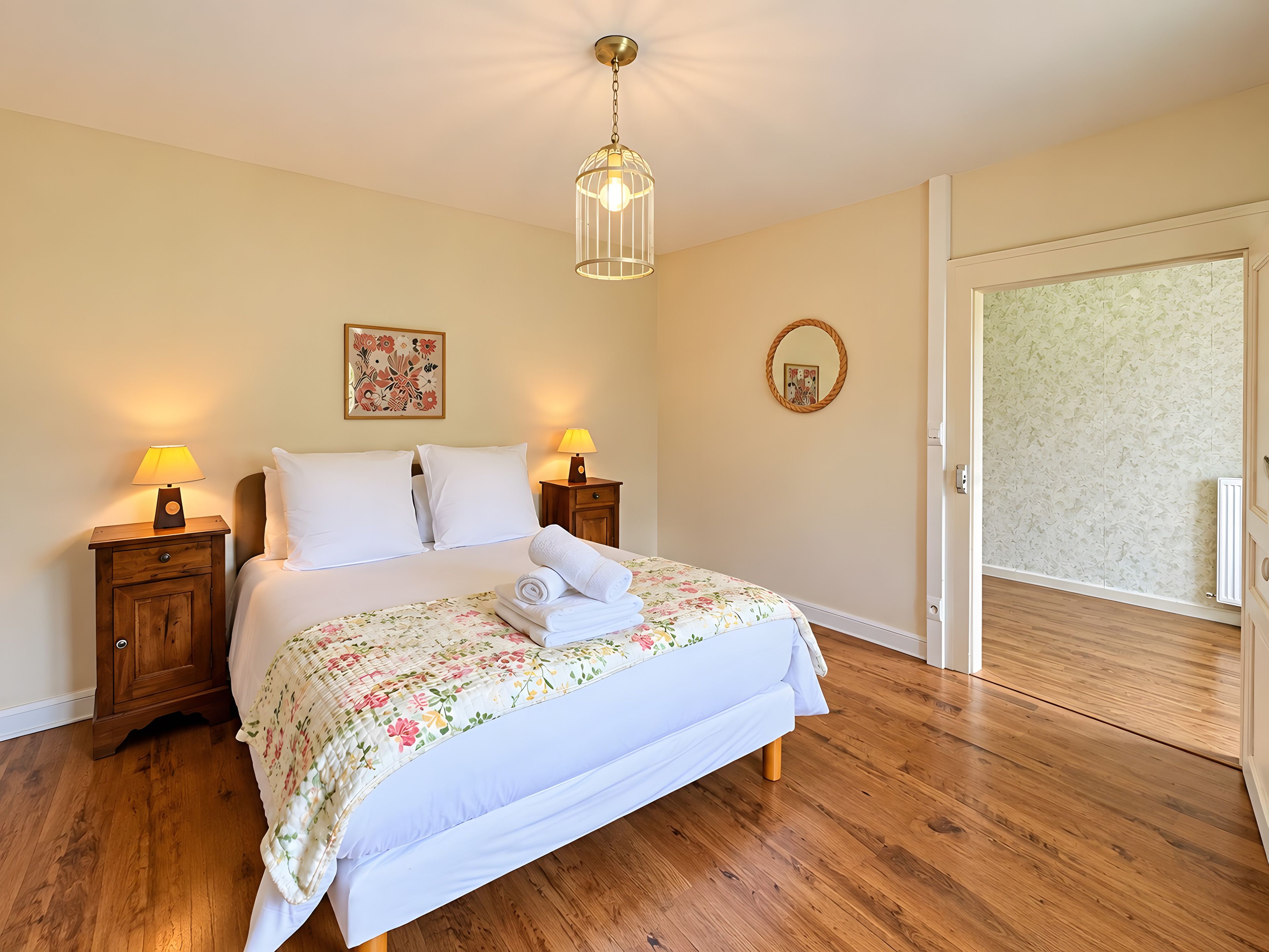Quarto com piso de madeira, cama com roupa branca, duas luminárias de cabeceira, luminária pendente e porta que dá para uma varanda.