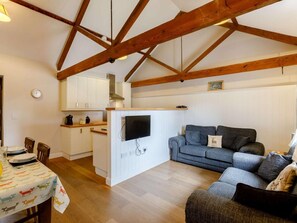 Ein kompakter Wohnbereich mit Küchenzeile, Essbereich und einer Sitzecke mit Sofa und Fernseher.