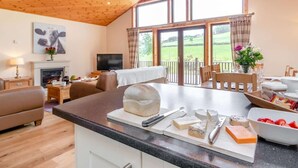 Une pièce chaleureuse avec une cheminée, un téléviseur, un coin repas avec une table dressée pour deux personnes, et une grande fenêtre donnant sur l’extérieur.
