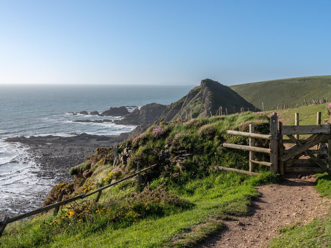 A coastal landscape with a grassy path, a wooden gate, and a hill in the background.