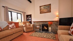 Ein gemütliches Wohnzimmer mit Kamin, Bücherregal und Fernseher.
