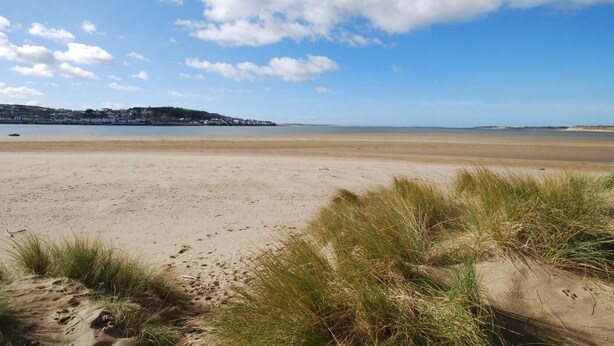 Ein Strand mit Sand, Gras und einer fernen Küstenlinie.