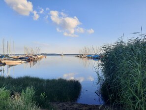A calm marina with boats docked, surrounded by water and vegetation. - Apartment in a half-timbered house with a unique garden. Golf Course, Steinhuder Meer. (Rehburg-Loccum)