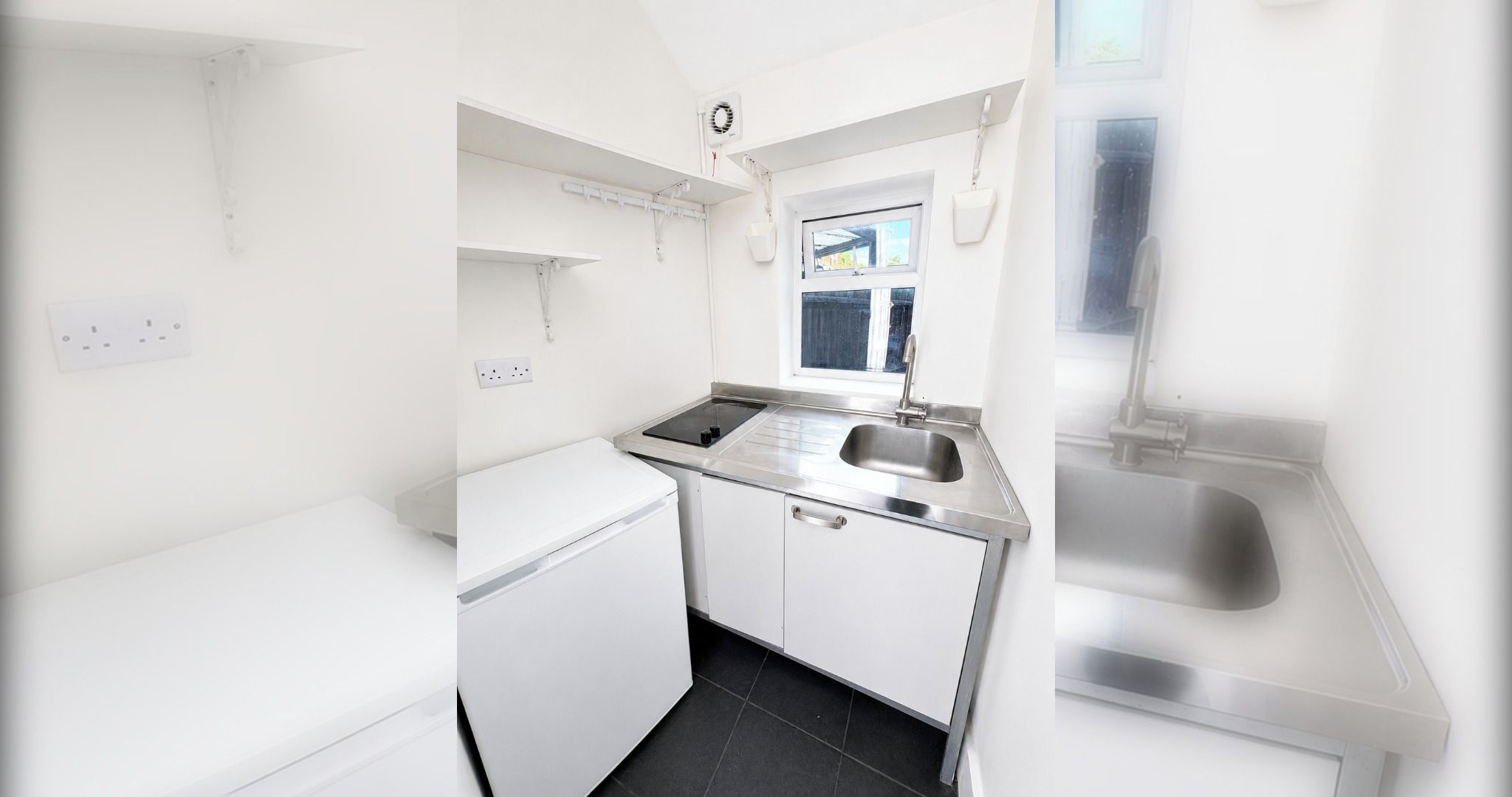 Une cuisine compacte équipée d’un lave-linge encastré, d’un évier et d’une fenêtre.
