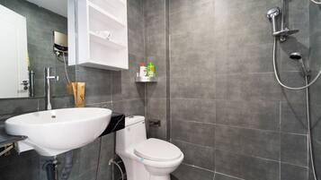 Shower, hair dryer, bidet, towels