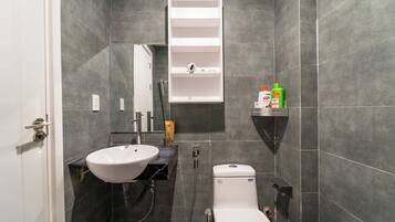Shower, hair dryer, bidet, towels