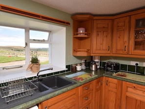 A kitchen with wooden cabinets, a window with a view of the countryside, a sink, and a kettle.