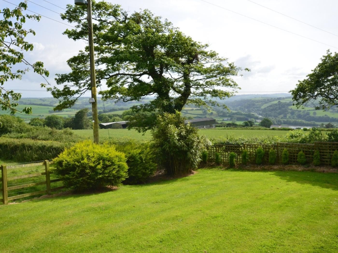 A rural landscape with a large tree, a wooden fence, and a grassy field.