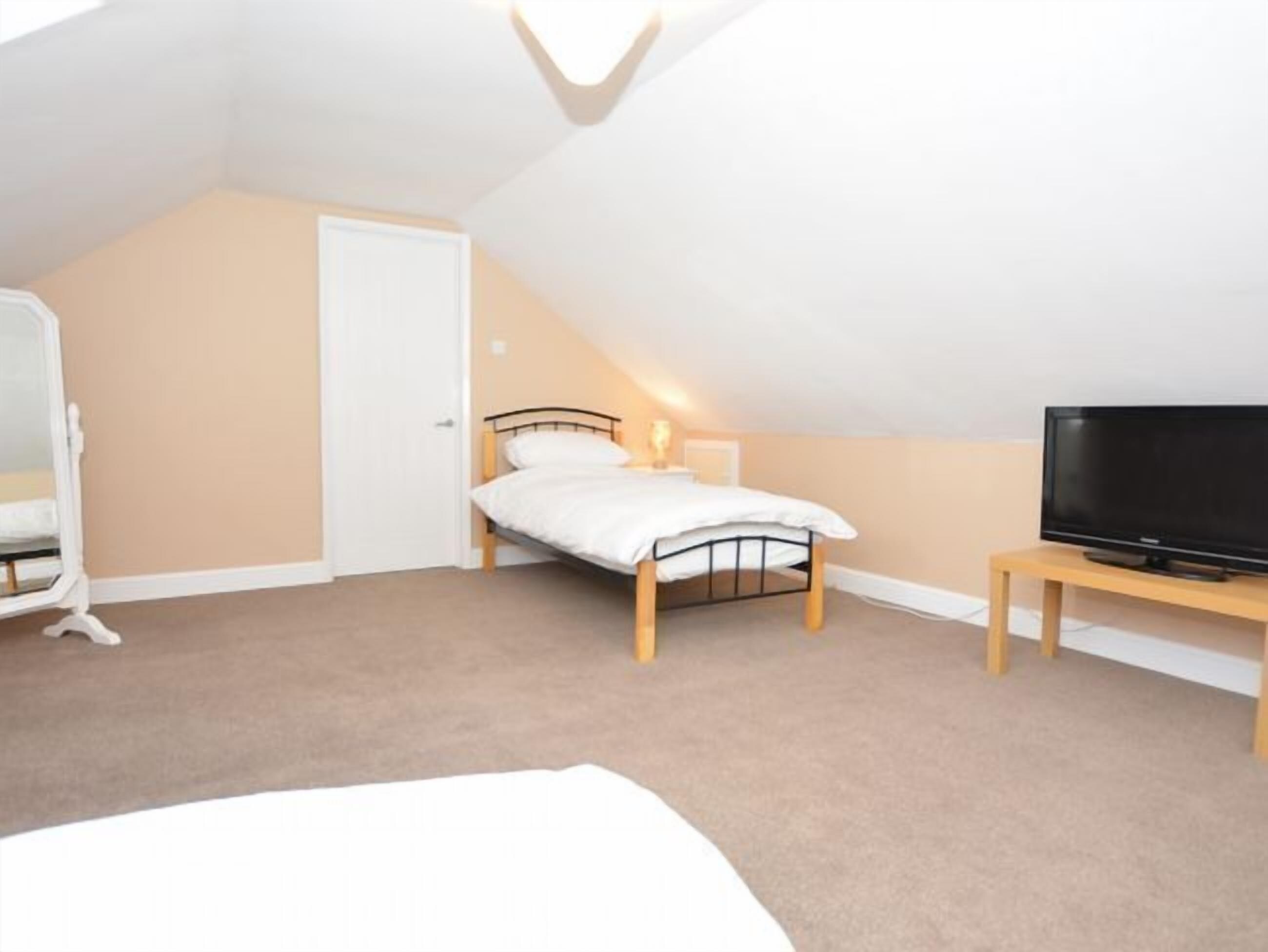 Ein Schlafzimmer mit einem Bett, einem Fernseher, einem Spiegel und einer Tür.